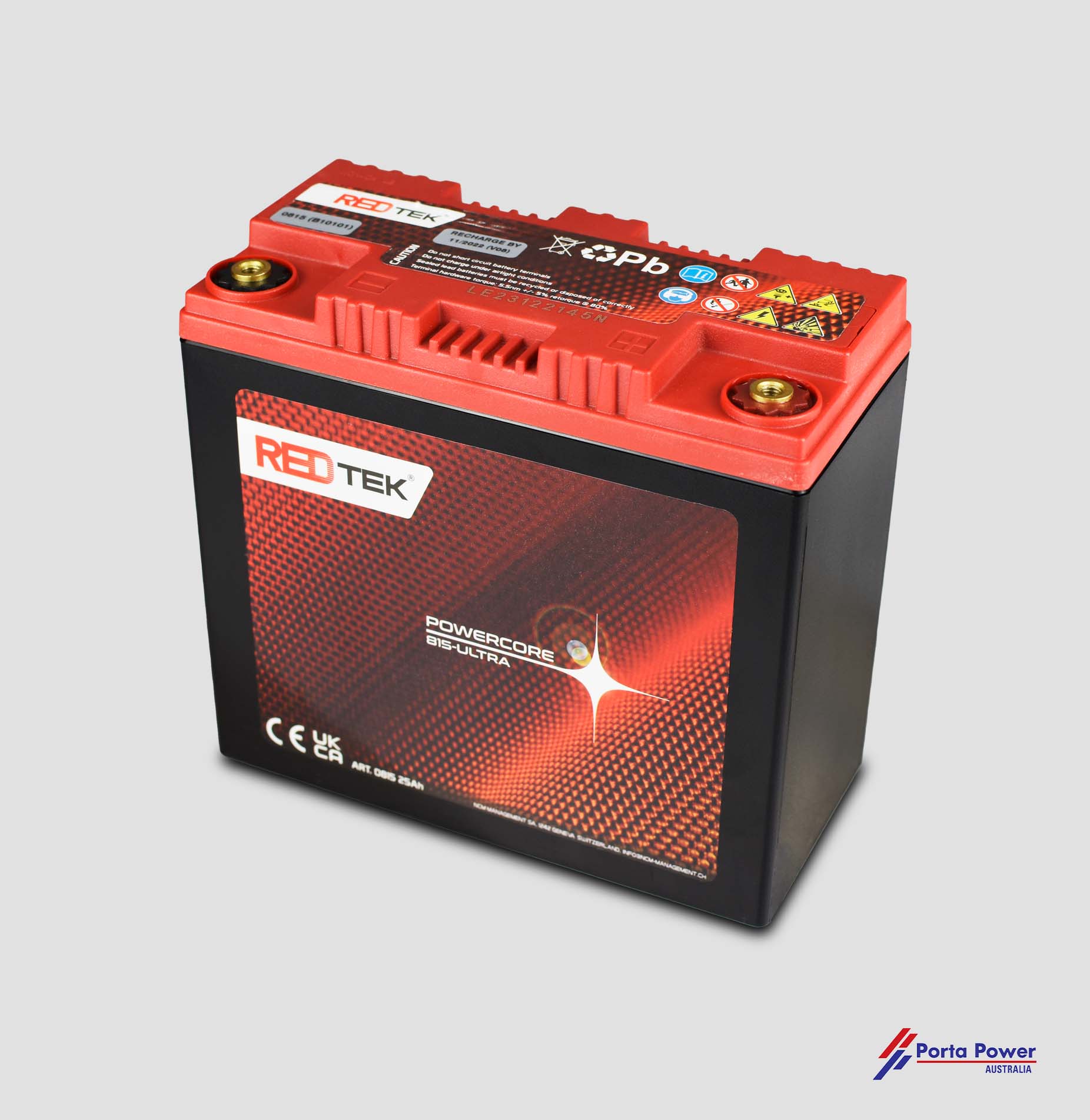 Product Photo of the frontal view of a battery used inside jump starters with a red top. 